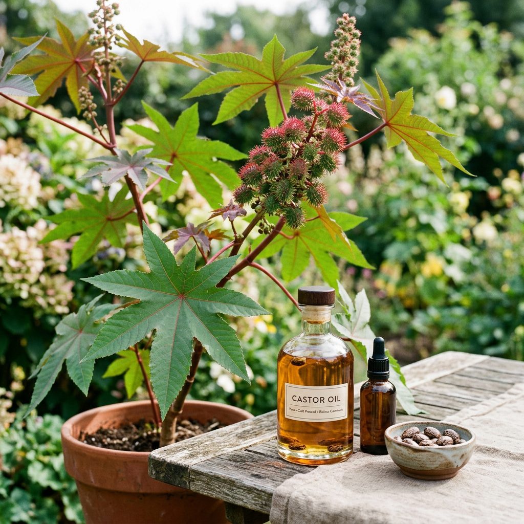 Bottle labeled CASTOR OIL beside castor plant, dropper bottle, and seeds